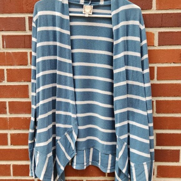 TruSelf Teal White Striped Open Cardigan - Size XL - Picture 1 of 4